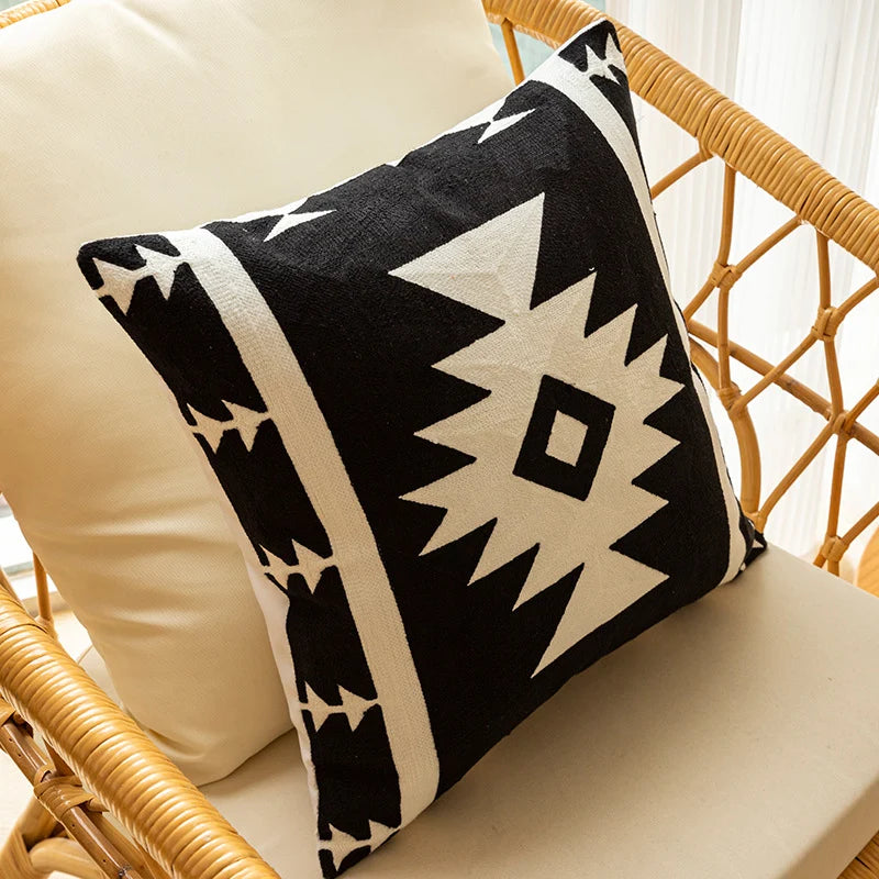 Throw Pillow Cover Hand-Stitched Geometric Embroidery Cotton-Linen Hidden Zipper