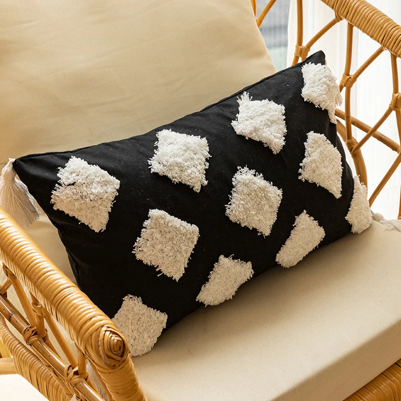 Throw Pillow Cover Hand-Stitched Geometric Embroidery Cotton-Linen Hidden Zipper