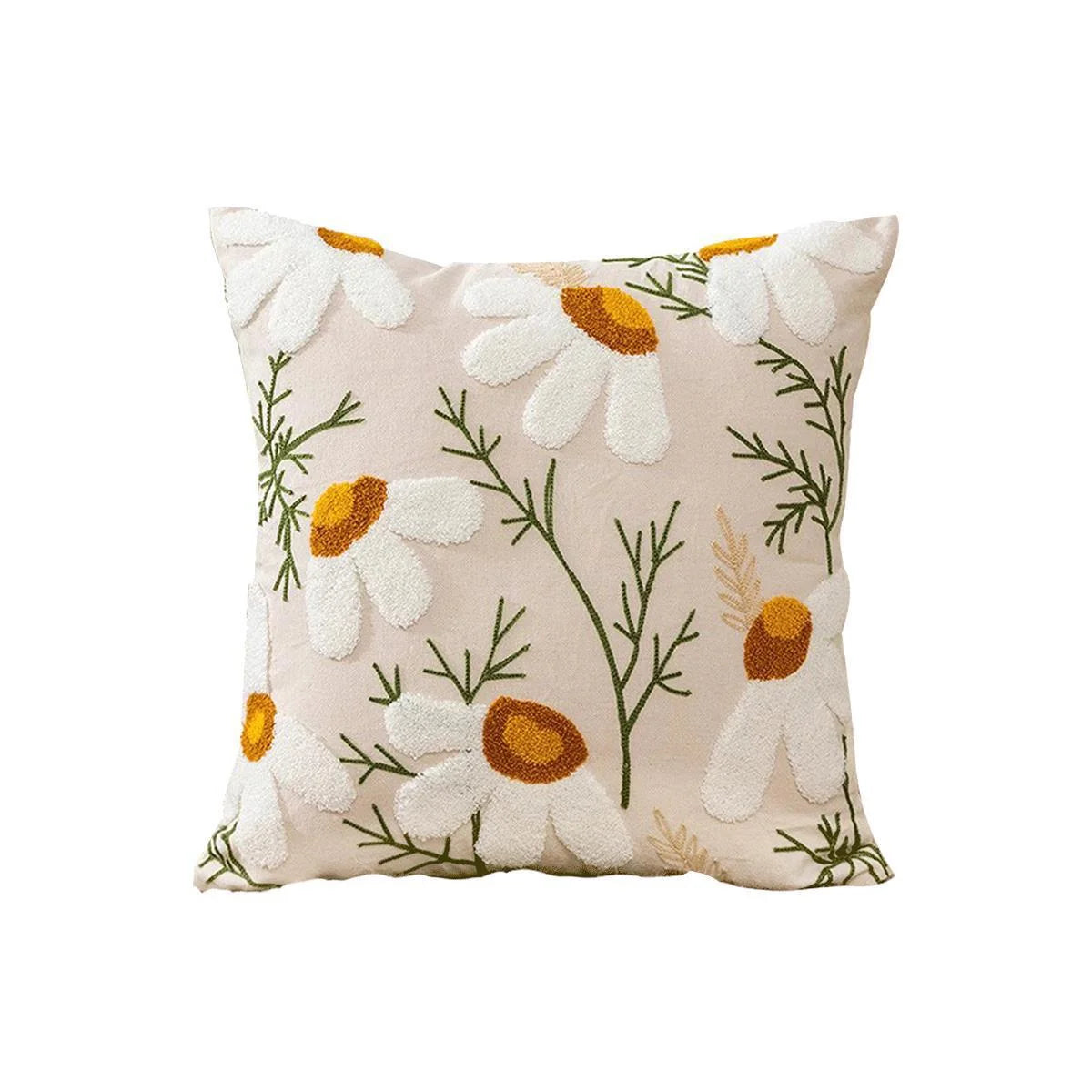 Throw Pillow Cover Hand-Tufted Daisy Cotton-Linen Concealed Zipper