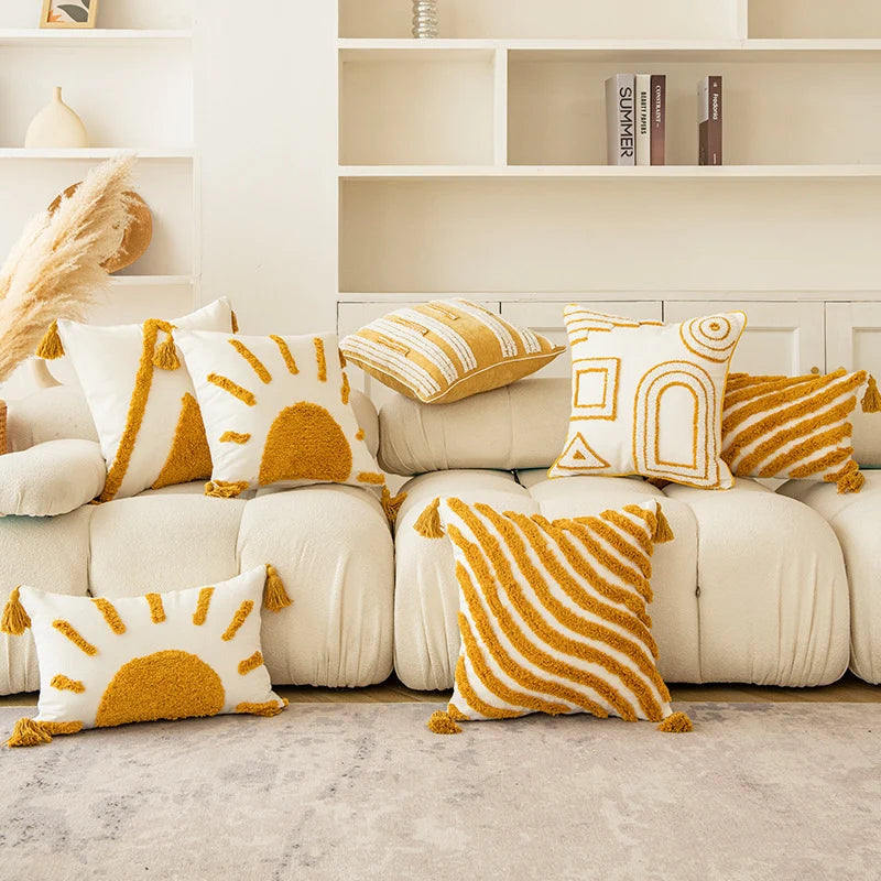 Throw Pillow Cover Hand-Tufted Geometric Natural Fabric Hidden Zipper