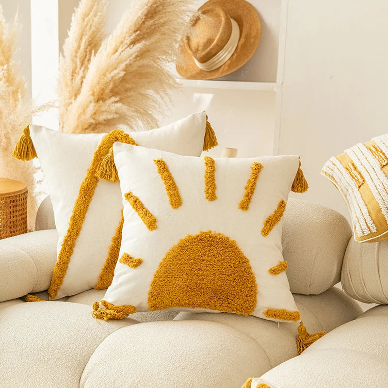 Throw Pillow Cover Hand-Tufted Geometric Natural Fabric Hidden Zipper