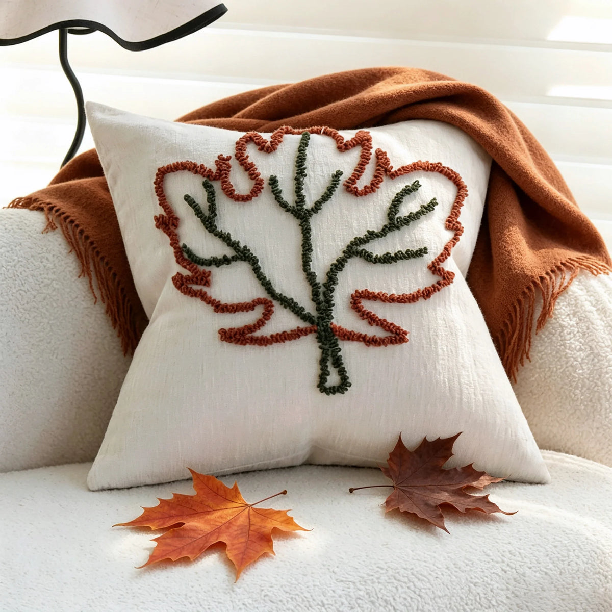 Throw Pillow Cover Hand-Tufted Leaf Cotton-Linen & Concealed Zipper