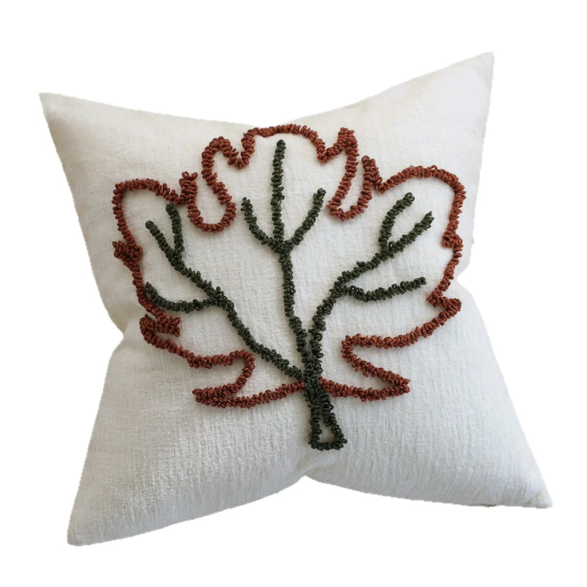 Throw Pillow Cover Hand-Tufted Leaf Cotton-Linen & Concealed Zipper