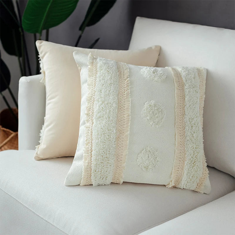 Throw Pillow Cover Hand-Tufted Polka Dots & Fringe Machine Washable