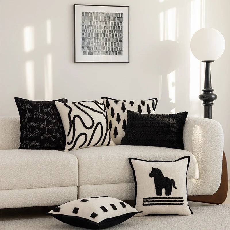 Throw Pillow Cover Hand-Tufted Squiggle Embroidery Hidden Zipper