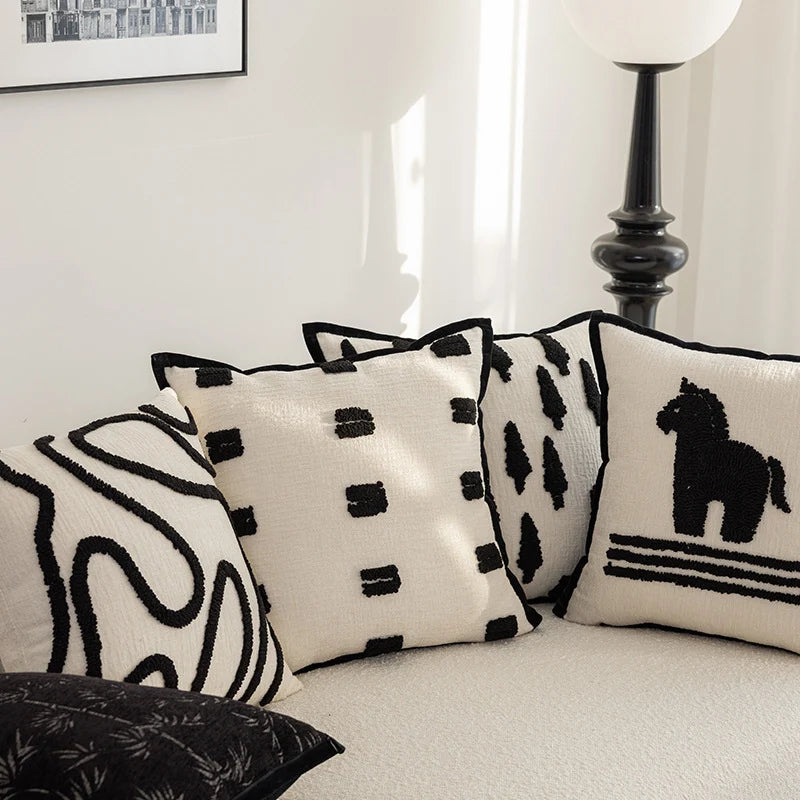 Throw Pillow Cover Hand-Tufted Squiggle Embroidery Hidden Zipper