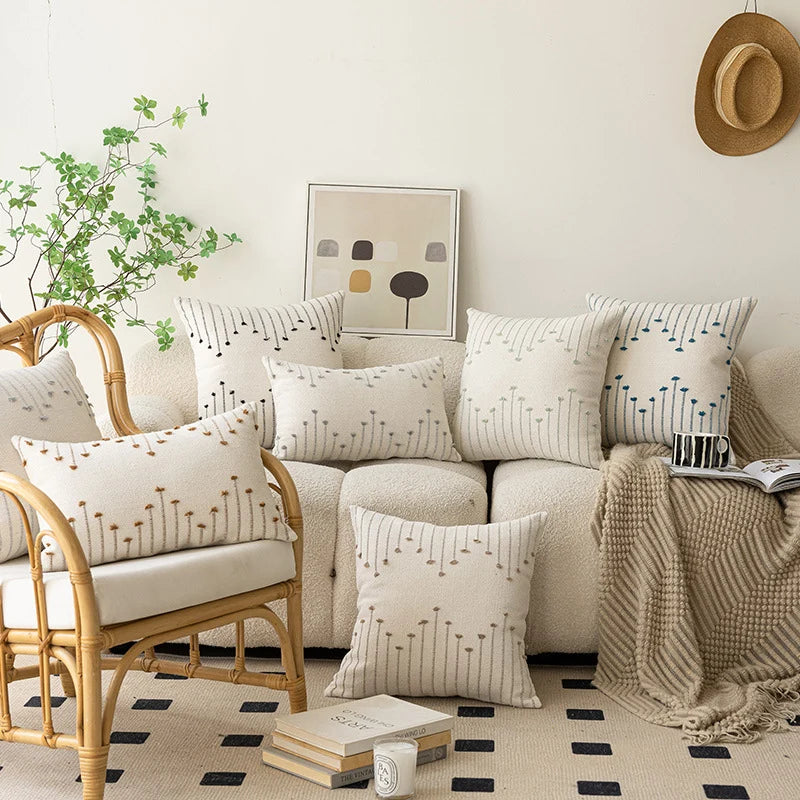 Throw Pillow Cover Handwoven Cotton-Blend Tufted Embroidery Hidden Zipper
