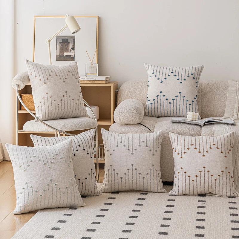 Throw Pillow Cover Handwoven Cotton-Blend Tufted Embroidery Hidden Zipper