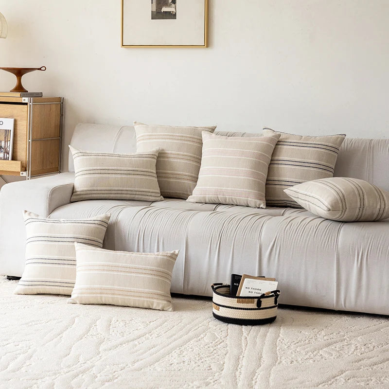 Throw Pillow Cover Linen-Blend Textured Stripes Hidden Zipper