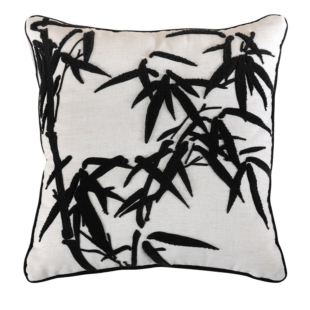 Throw Pillow Cover Linen-Look Embroidered Bamboo 18x18in