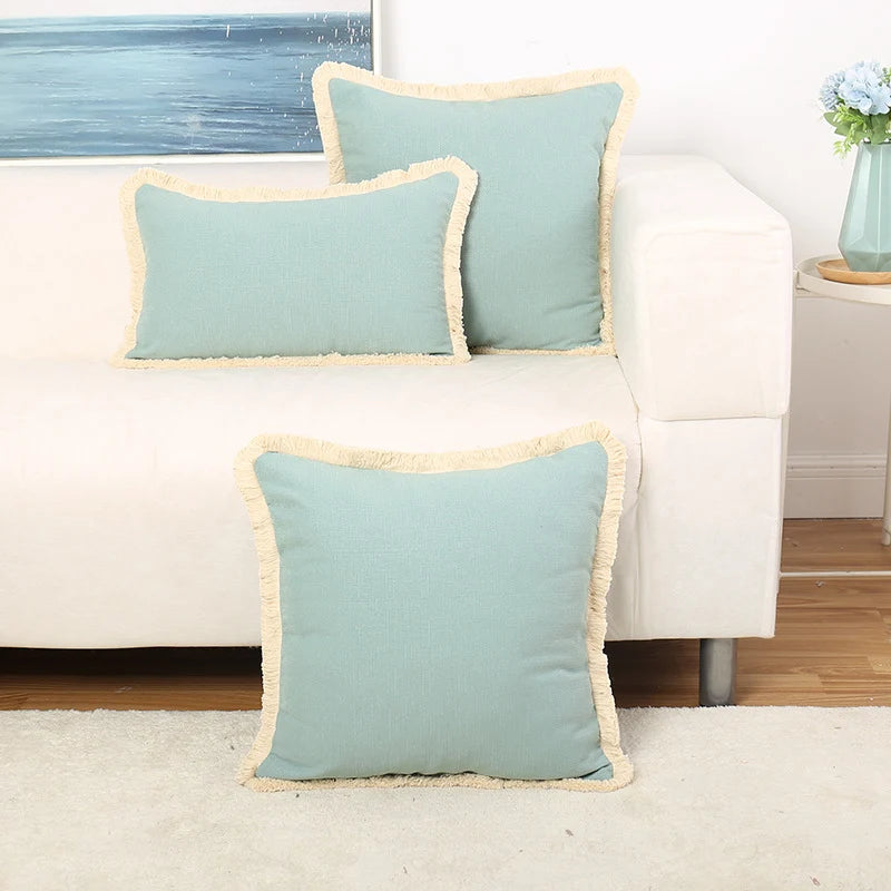 Throw Pillow Cover Linen-Texture Brush Fringe Hidden Zipper