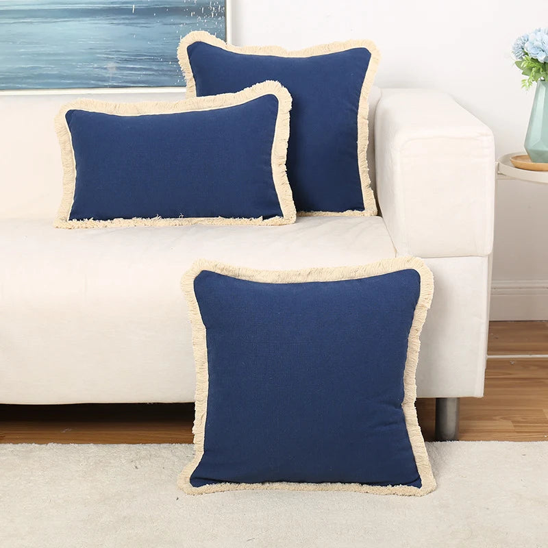 Throw Pillow Cover Linen-Texture Brush Fringe Hidden Zipper