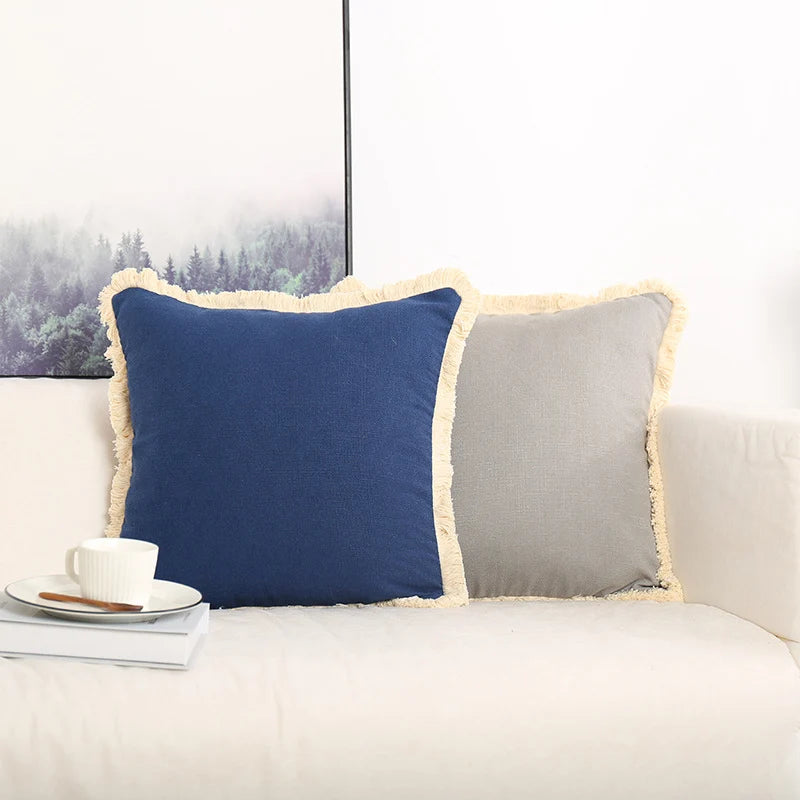 Throw Pillow Cover Linen-Texture Brush Fringe Hidden Zipper