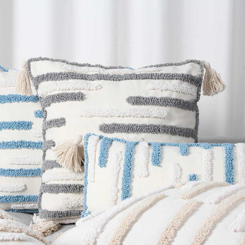 Throw Pillow Cover Loop-Embroidered Hand-Tied Tassels Hidden Zipper