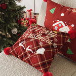 Throw Pillow Cover Plaid Pom-Pom Machine-Washable Hidden Zipper