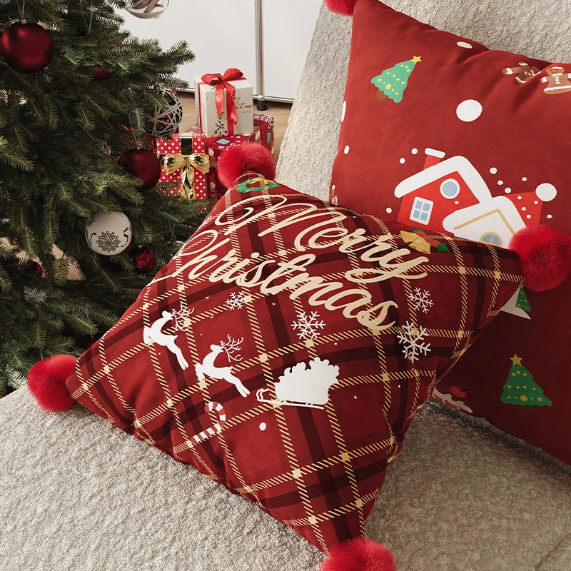 Throw Pillow Cover Plaid Pom-Pom Machine-Washable Hidden Zipper