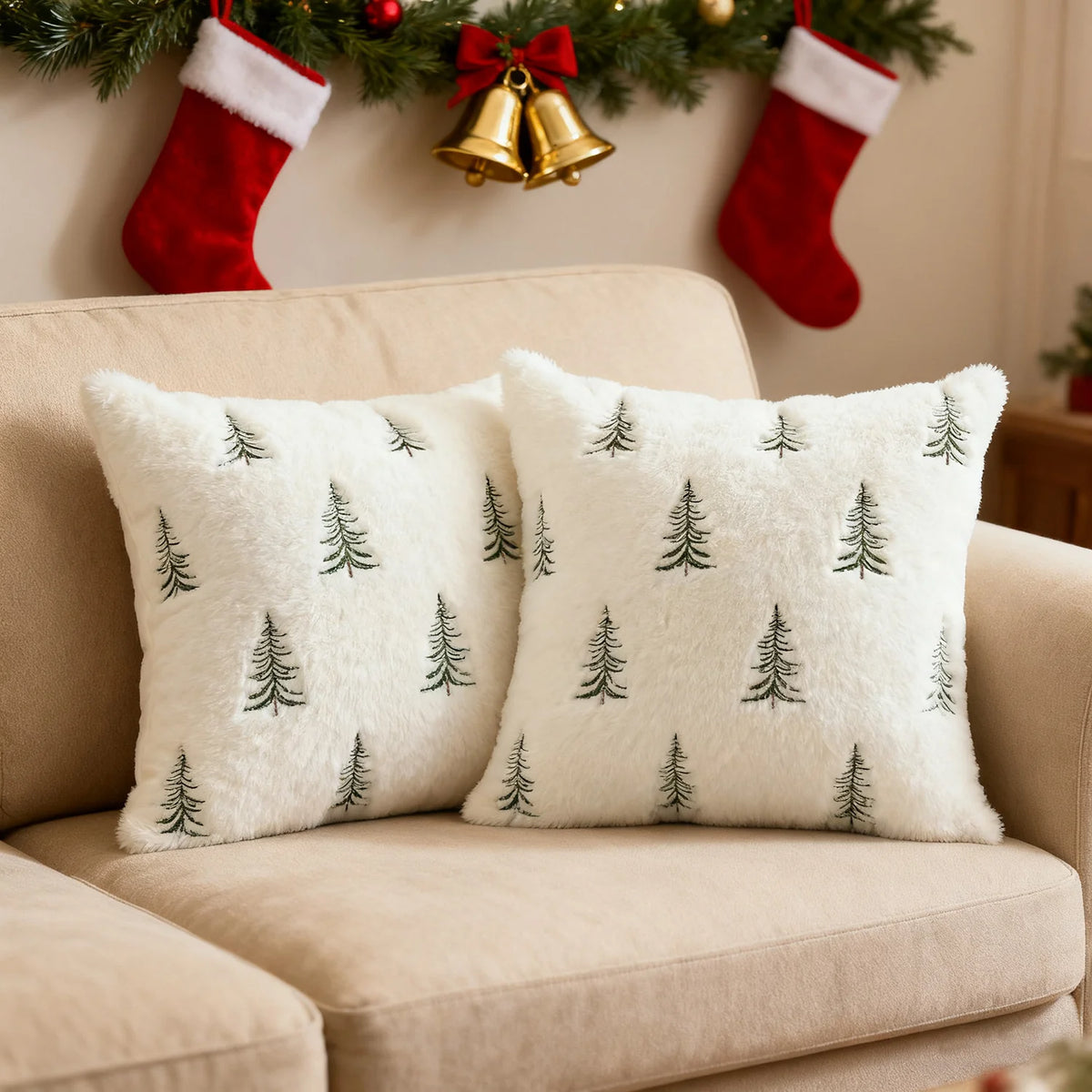 Throw Pillow Cover Plush Faux Fur Embroidered Evergreen Pattern