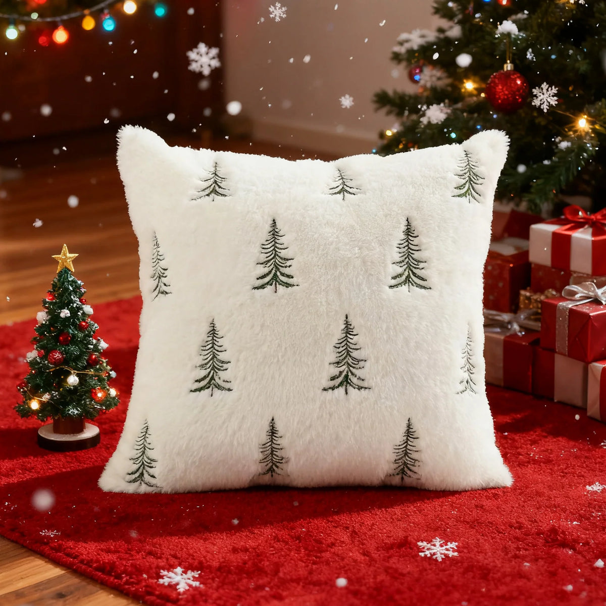 Throw Pillow Cover Plush Faux Fur Embroidered Evergreen Pattern