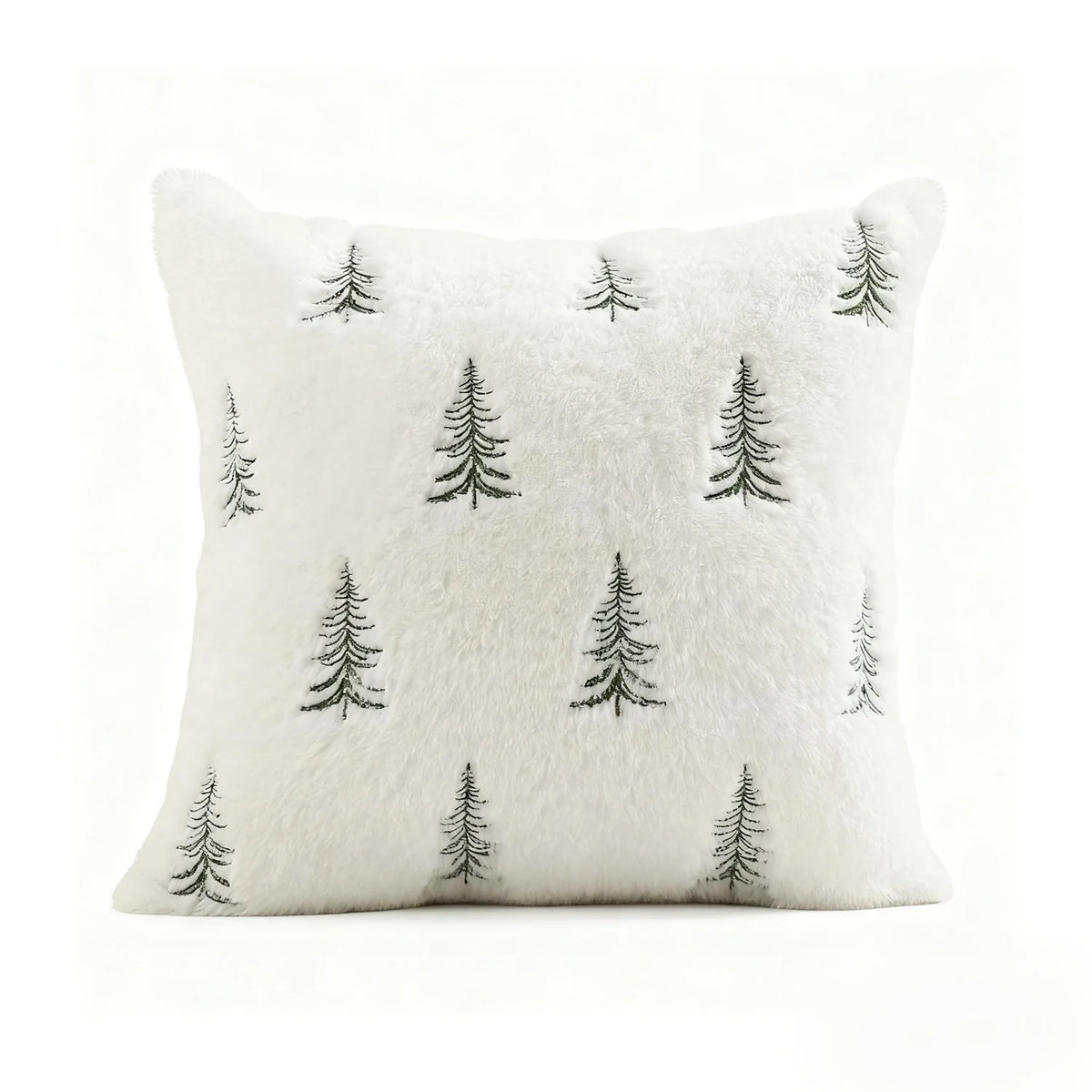 Throw Pillow Cover Plush Faux Fur Embroidered Evergreen Pattern