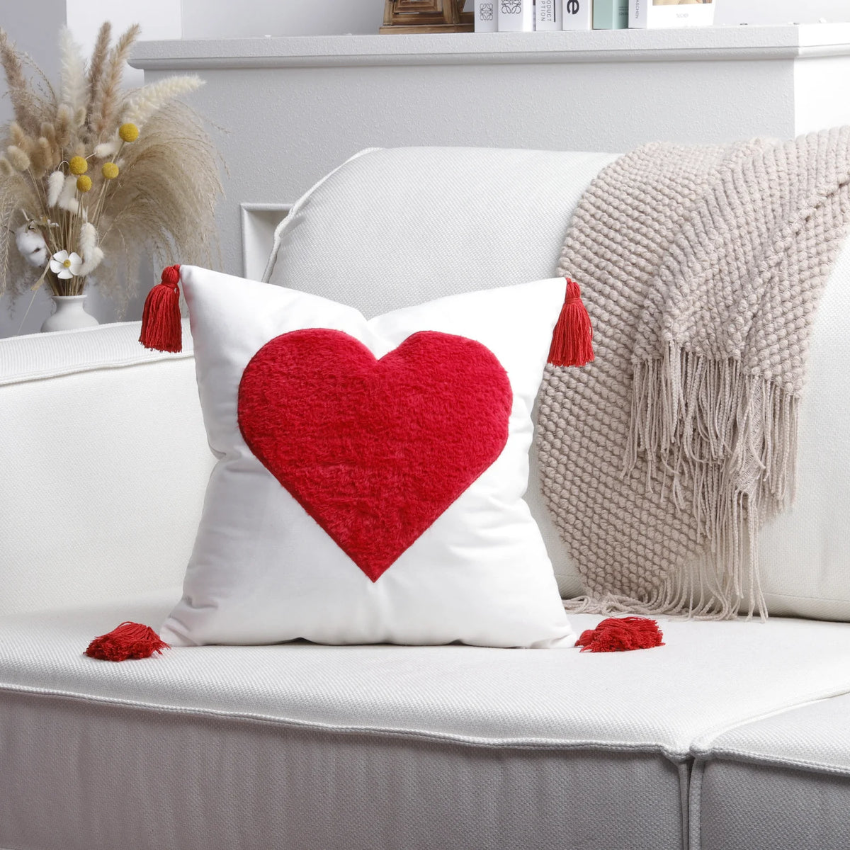 Throw Pillow Cover Plush Heart Applique & Tassel Corners