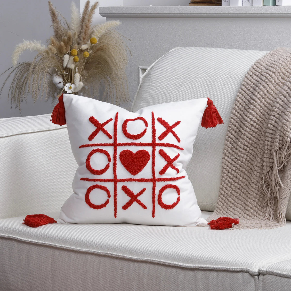 Throw Pillow Cover Plush Heart Applique & Tassel Corners
