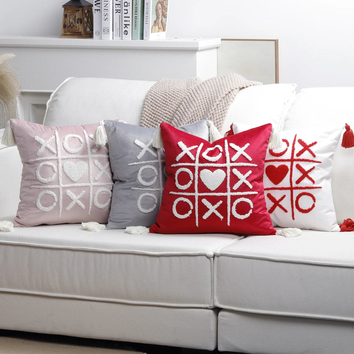 Throw Pillow Cover Plush Heart Applique & Tassel Corners