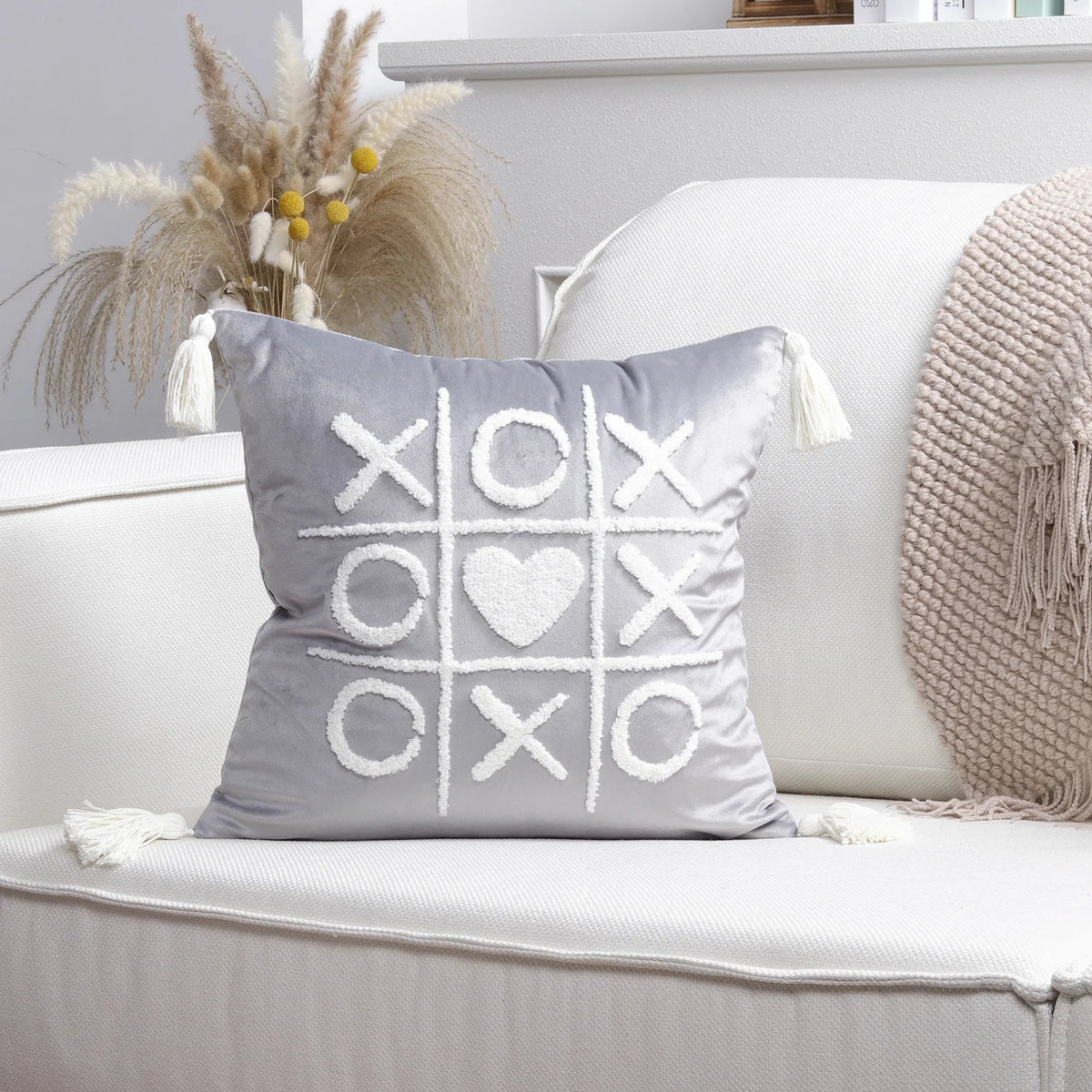 Throw Pillow Cover Plush Heart Applique & Tassel Corners