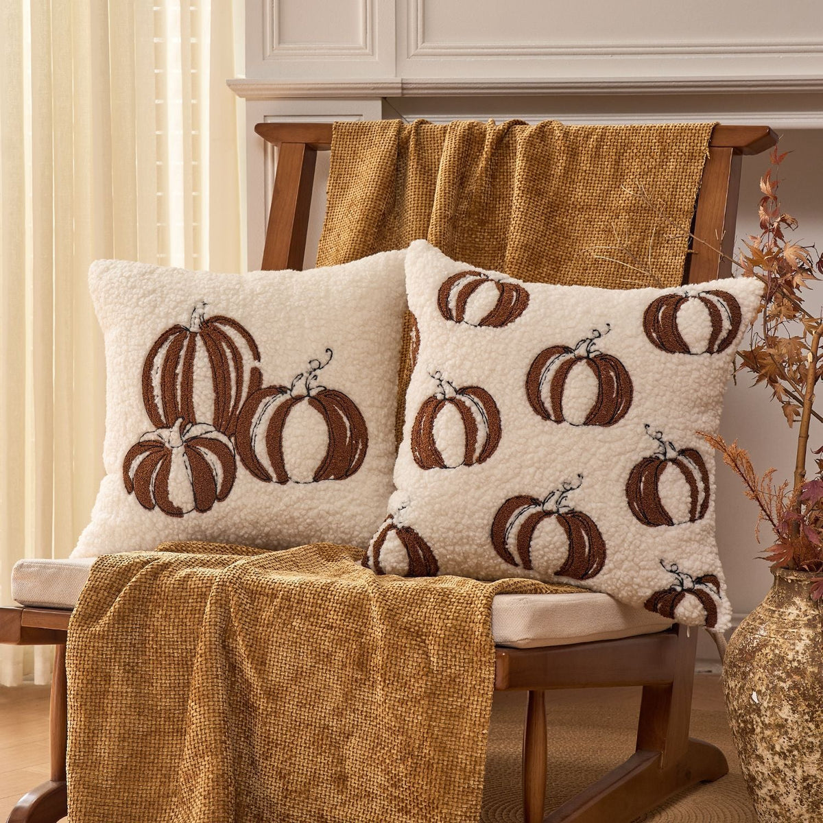 Throw Pillow Cover Plush Sherpa Embroidered Pumpkin Removable Machine Washable