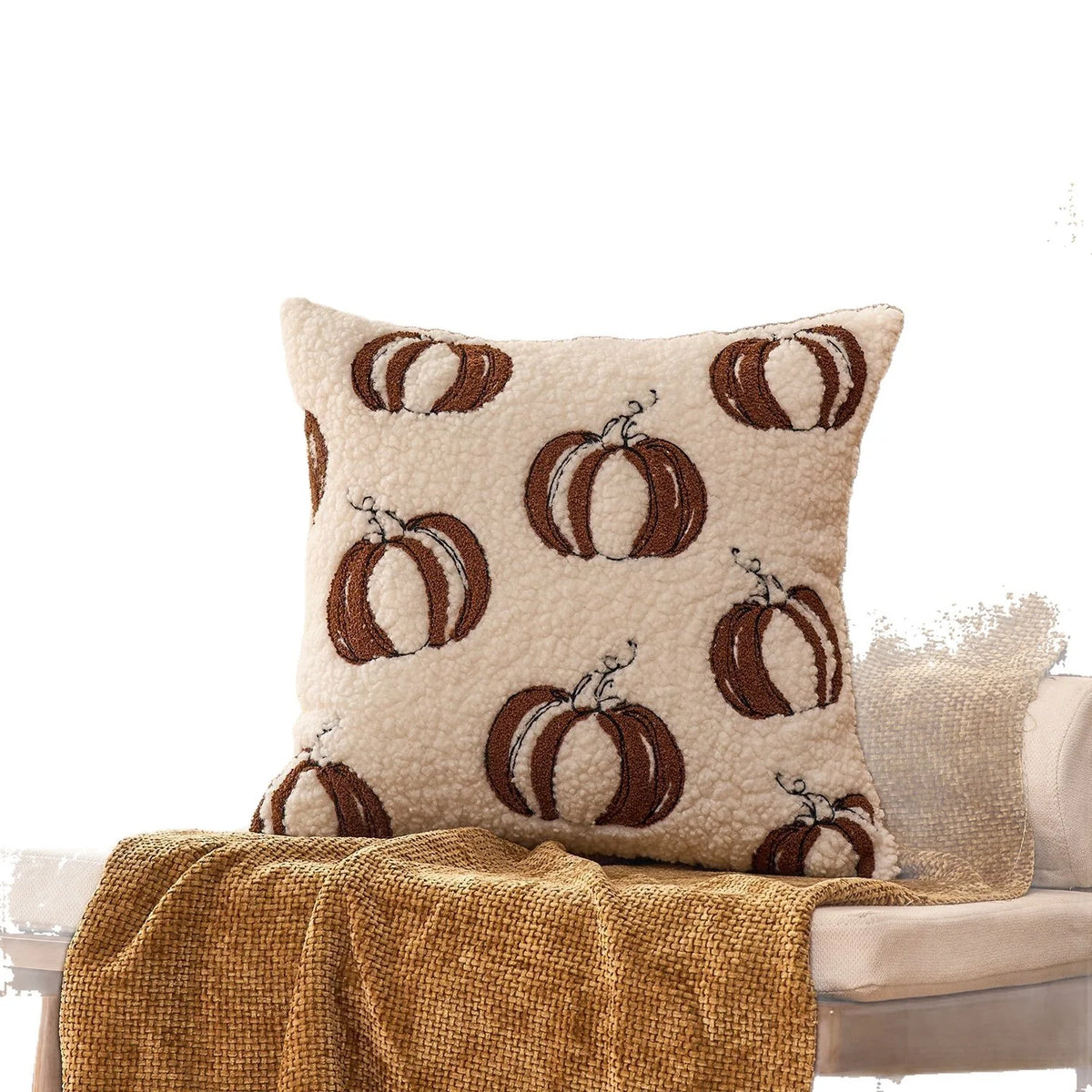 Throw Pillow Cover Plush Sherpa Embroidered Pumpkin Removable Machine Washable