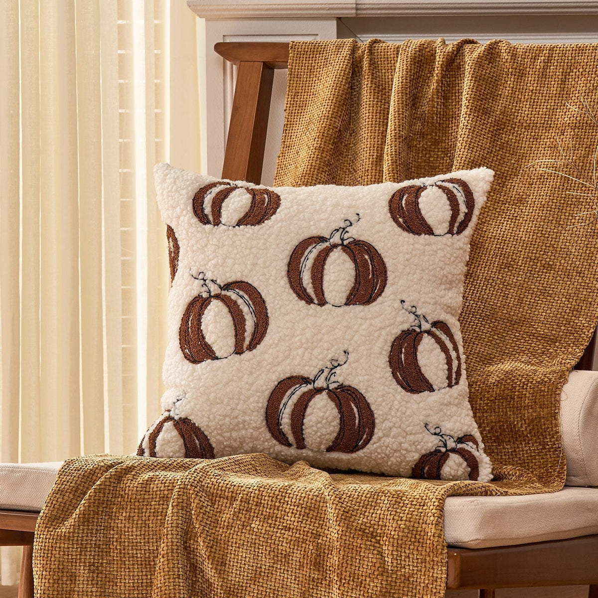 Throw Pillow Cover Plush Sherpa Embroidered Pumpkin Removable Machine Washable