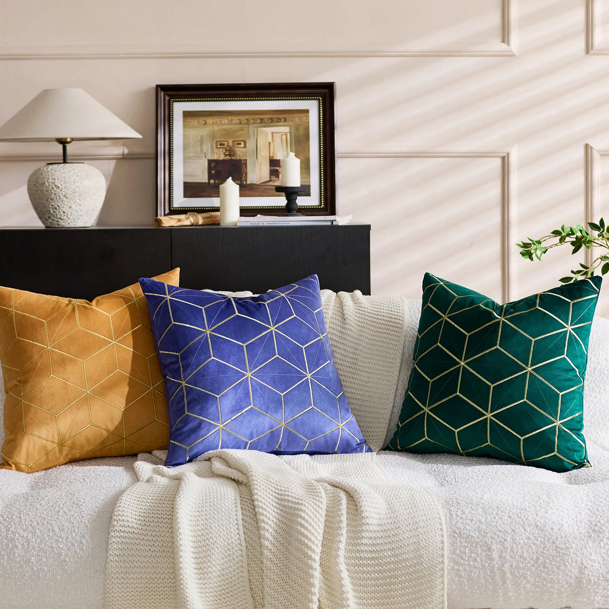 Throw Pillow Cover Plush Velvet Metallic Embroidery Hidden Zipper