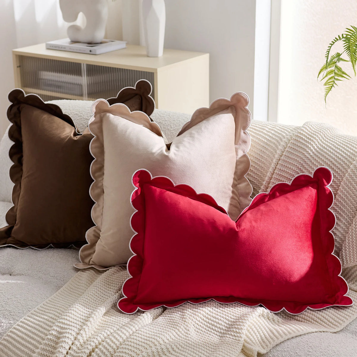 Throw Pillow Cover Plush Velvet Scalloped Trim Hidden Zipper