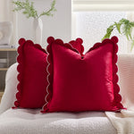 Throw Pillow Cover Plush Velvet Scalloped Trim Hidden Zipper