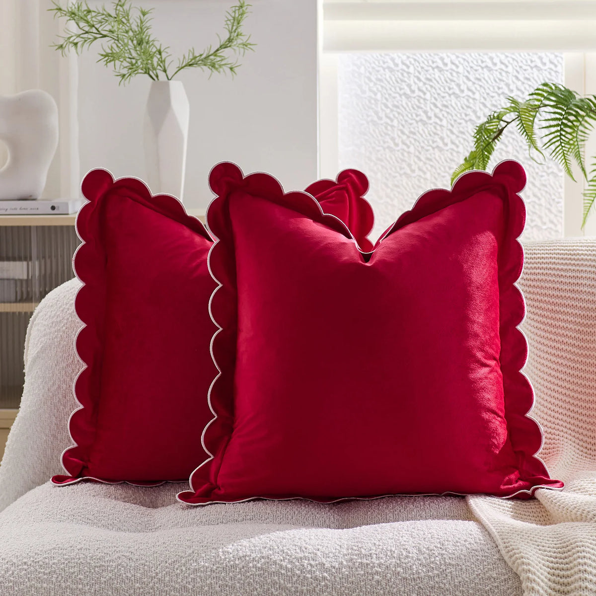 Throw Pillow Cover Plush Velvet Scalloped Trim Hidden Zipper