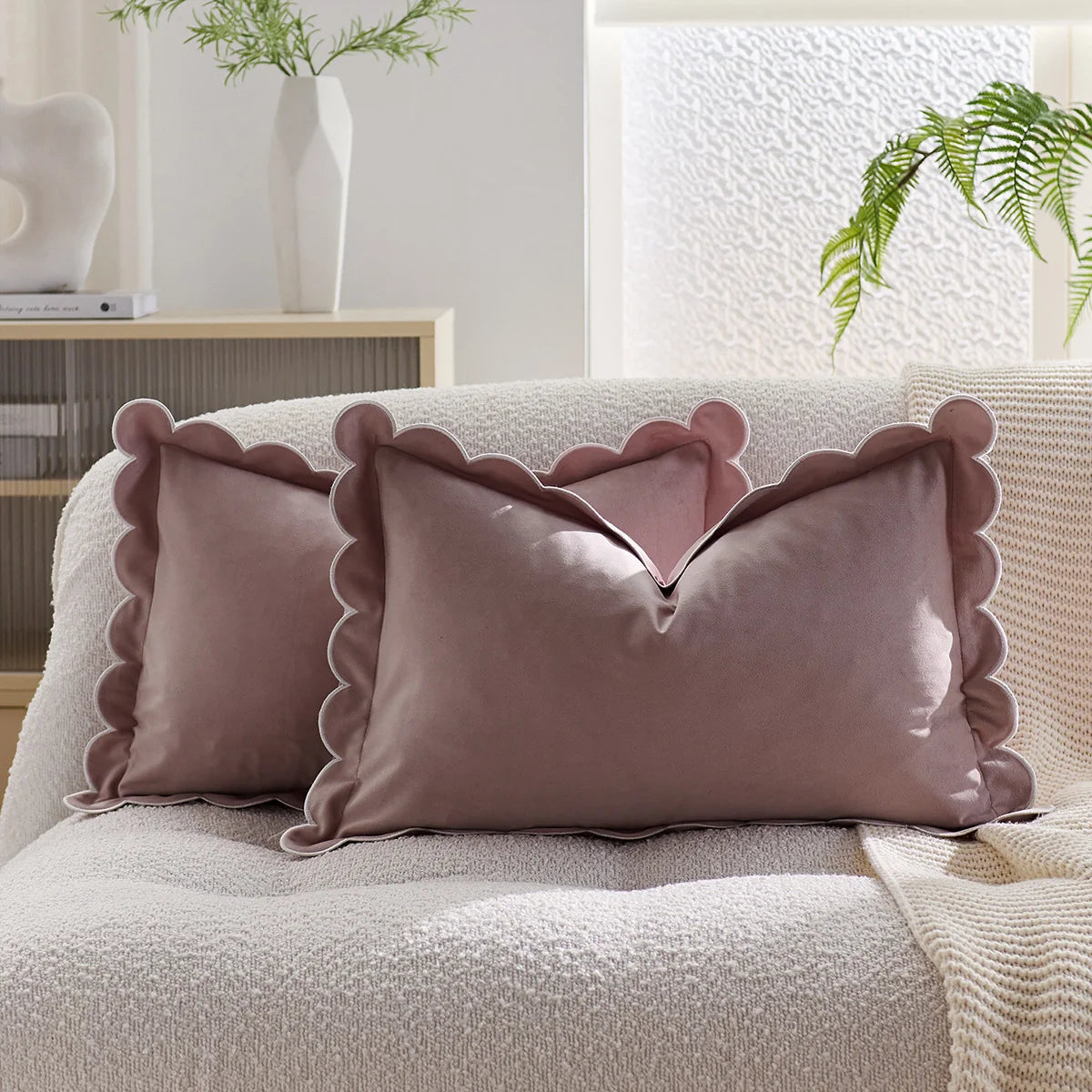 Throw Pillow Cover Plush Velvet Scalloped Trim Hidden Zipper
