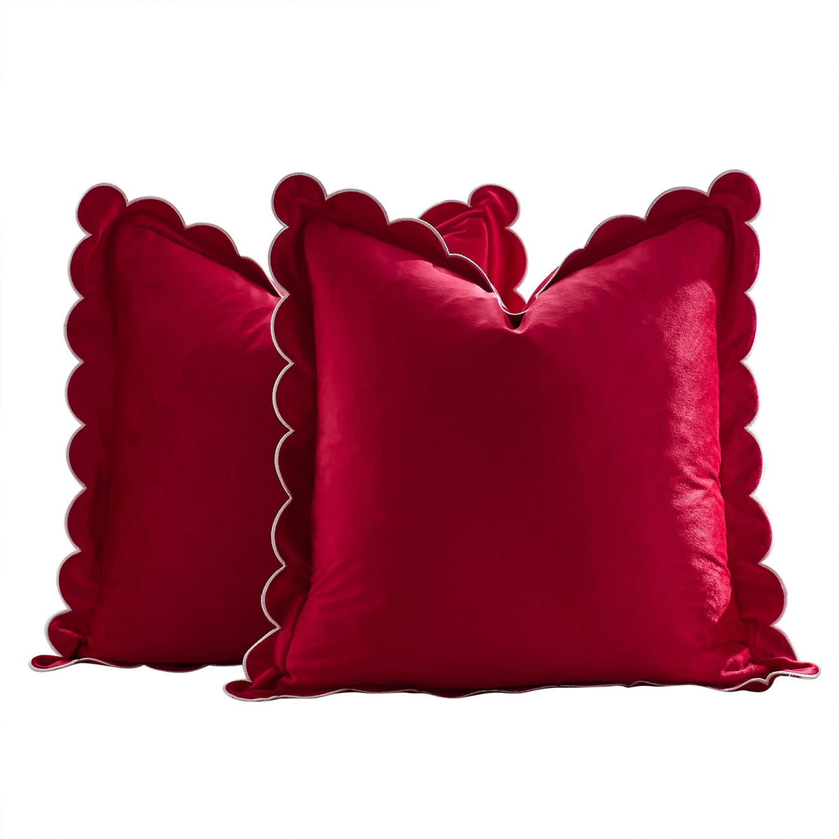 Throw Pillow Cover Plush Velvet Scalloped Trim Hidden Zipper