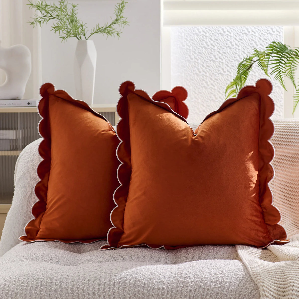 Throw Pillow Cover Plush Velvet Scalloped Trim Hidden Zipper