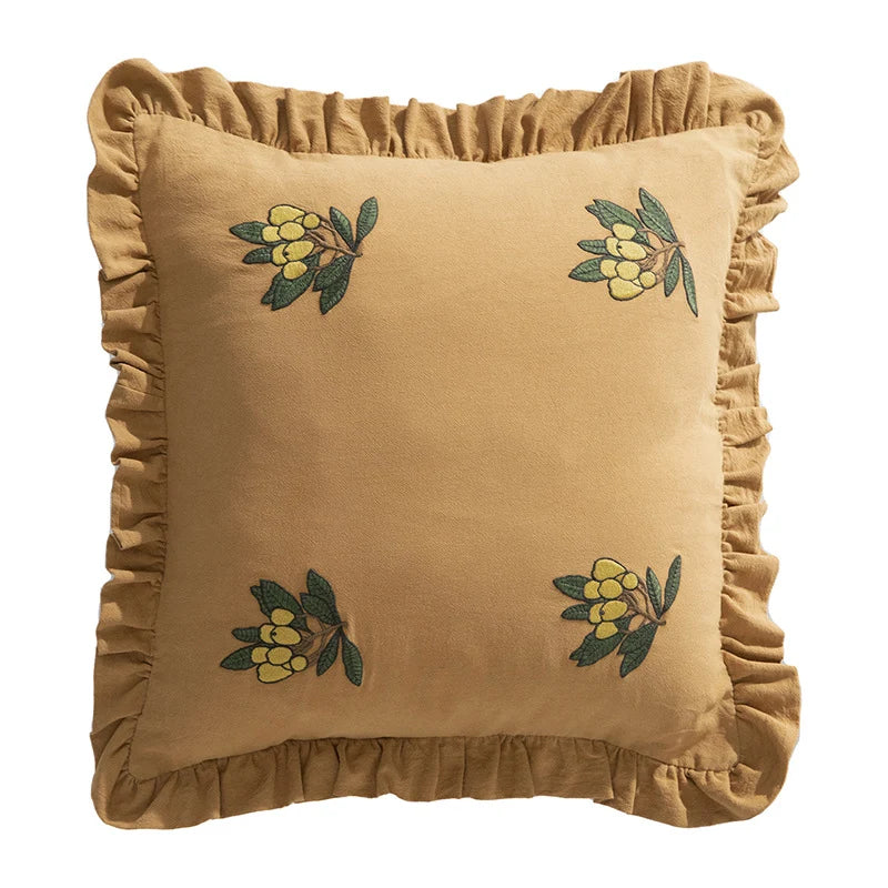 Throw Pillow Cover Ruffled Edge Embroidered Floral Removable Zipper
