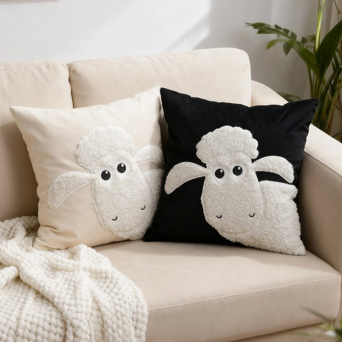 Throw Pillow Cover Sherpa Applique Woven Fabric Hidden Zipper