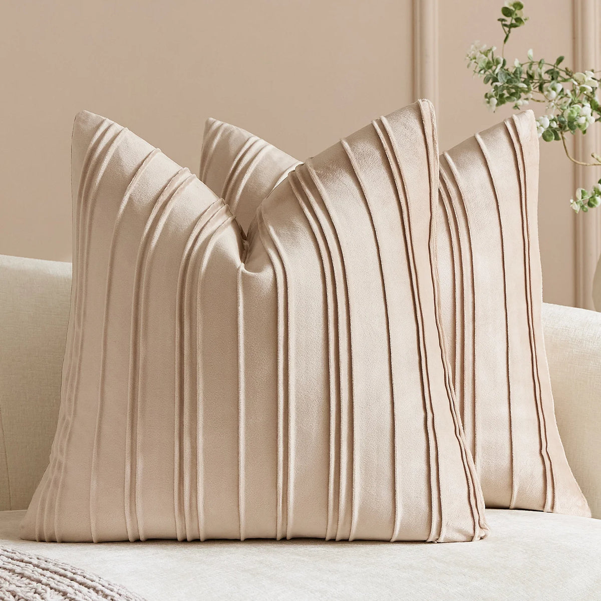 Throw Pillow Cover Soft-Touch Velvet Pintuck Pleats Hidden Zipper
