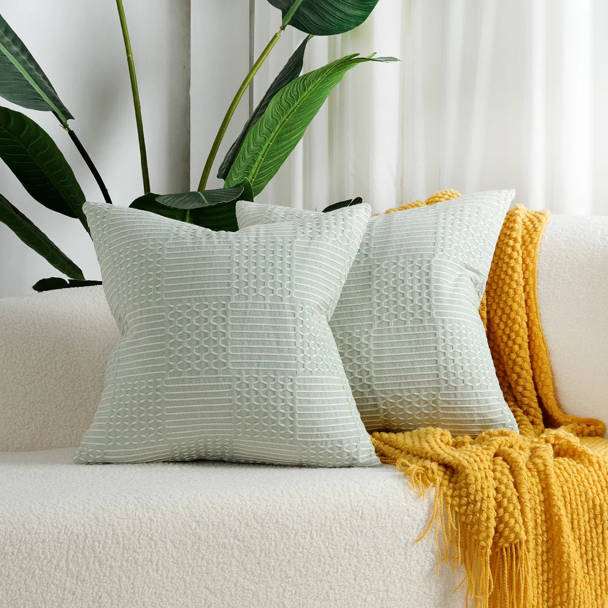 Throw Pillow Cover Stitched Geometric Cotton-Linen Hidden Zipper