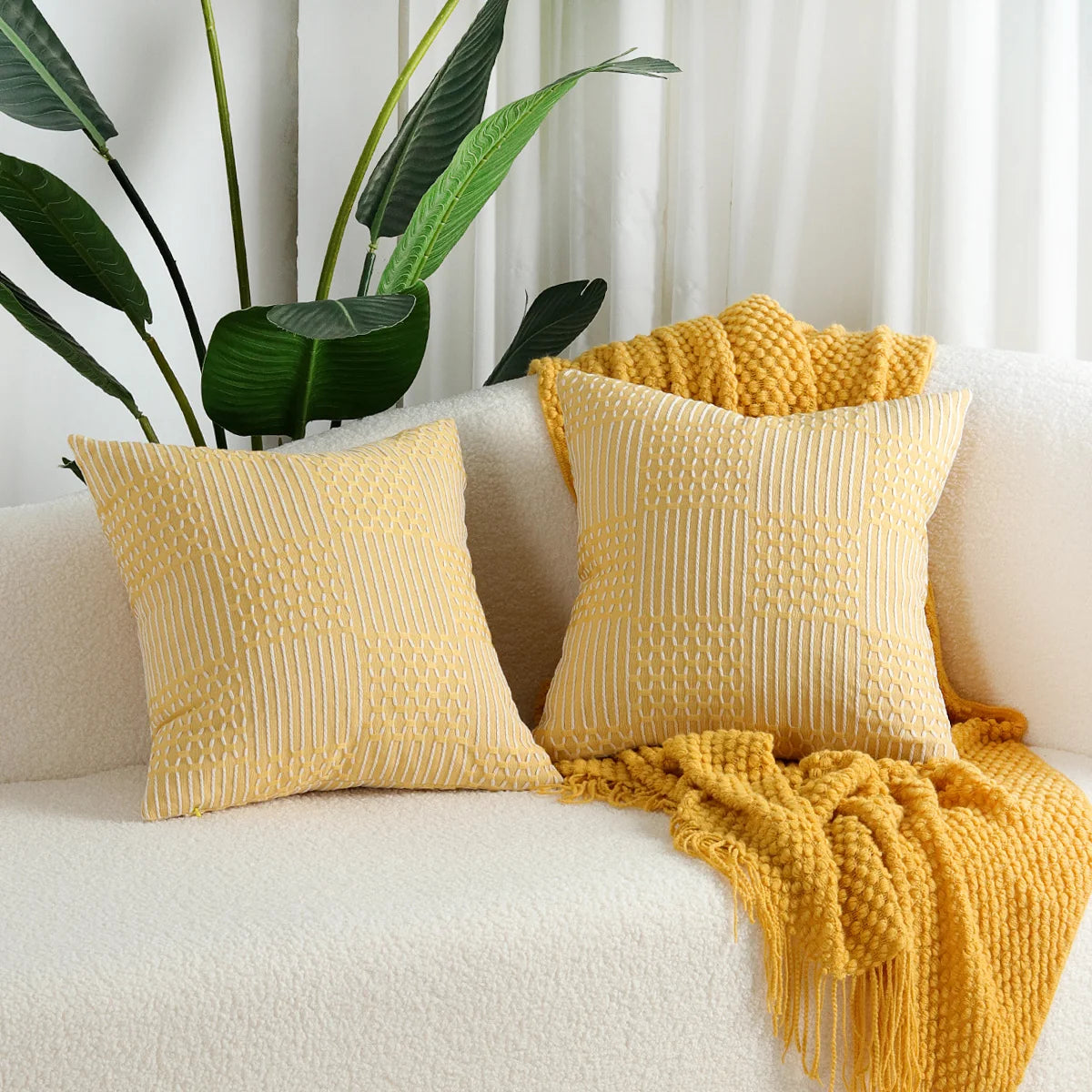 Throw Pillow Cover Stitched Geometric Cotton-Linen Hidden Zipper