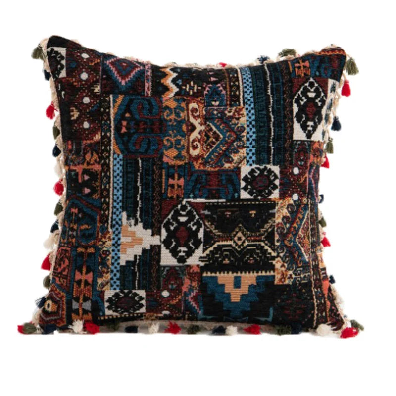 Throw Pillow Cover Tapestry Patchwork Pom-Pom Tassels Hidden Zipper