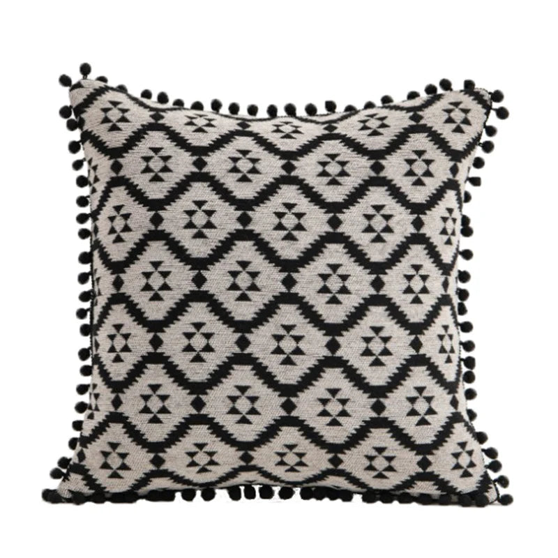 Throw Pillow Cover Tapestry Patchwork Pom-Pom Tassels Hidden Zipper