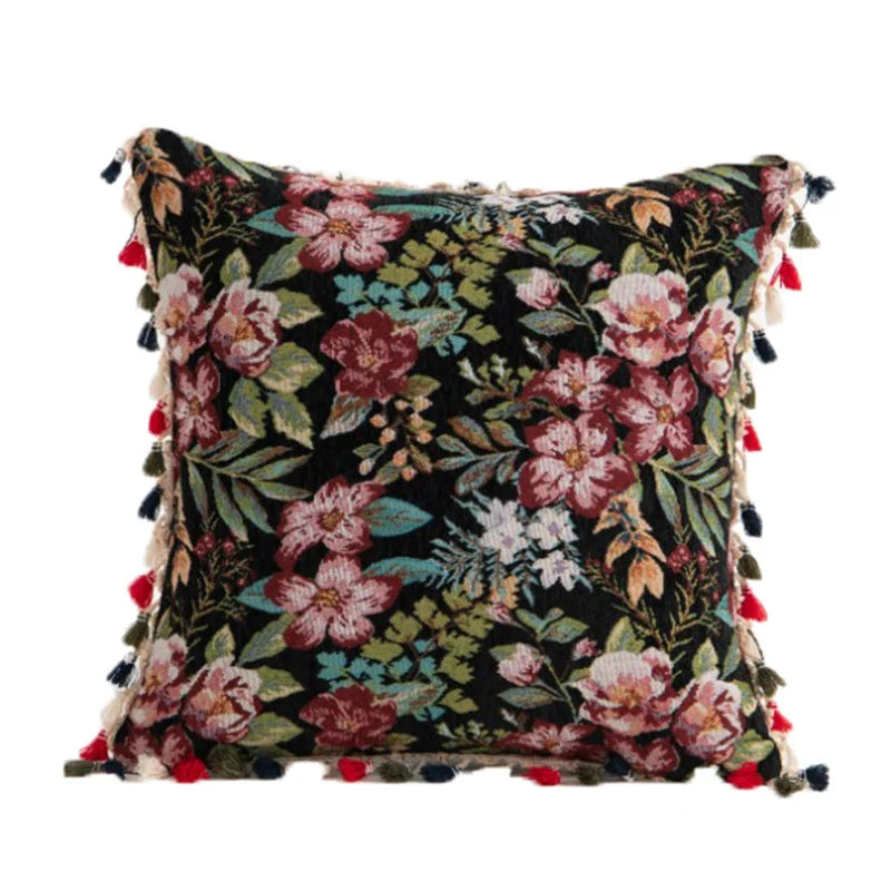 Throw Pillow Cover Tapestry Patchwork Pom-Pom Tassels Hidden Zipper