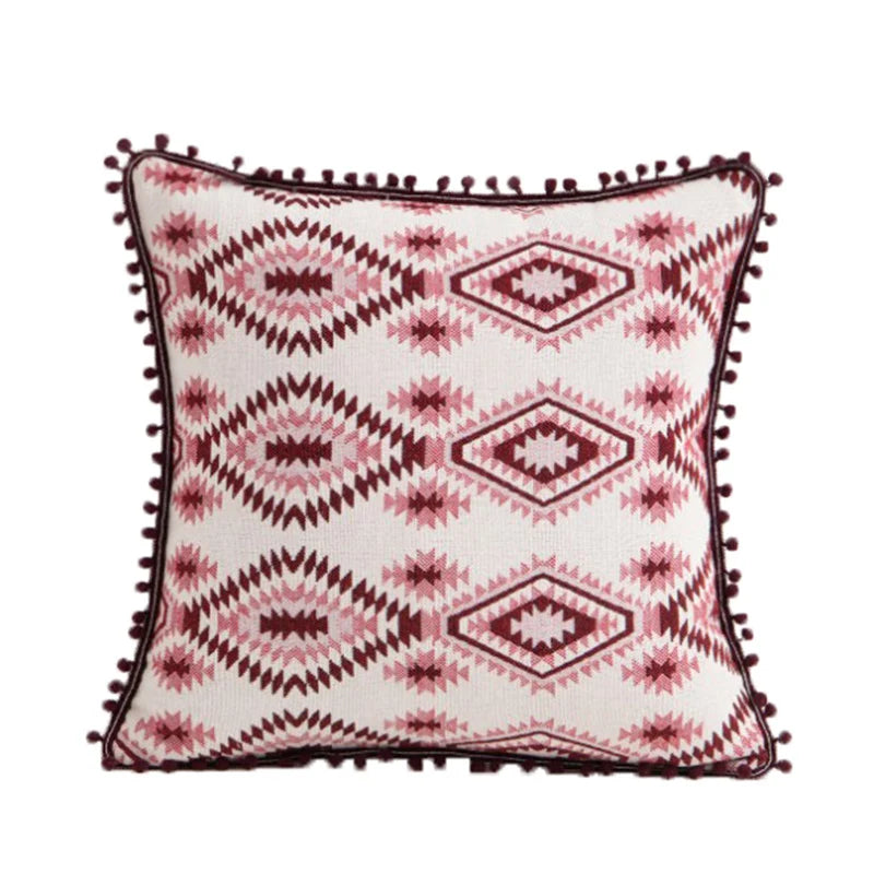 Throw Pillow Cover Tapestry Patchwork Pom-Pom Tassels Hidden Zipper