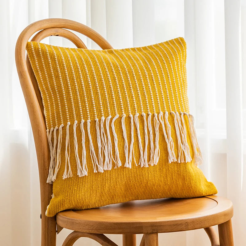 Throw Pillow Cover Textured Woven Fringe Cotton-Blend
