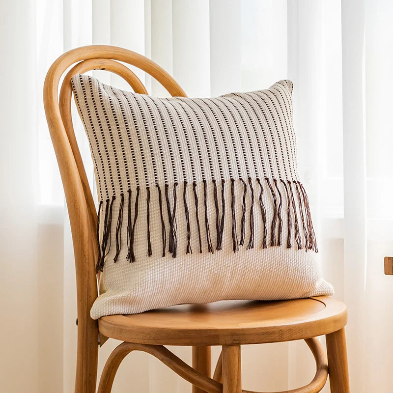Throw Pillow Cover Textured Woven Fringe Cotton-Blend