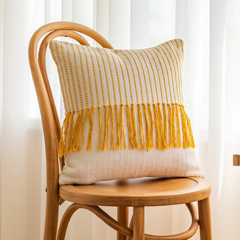 Throw Pillow Cover Textured Woven Fringe Cotton-Blend