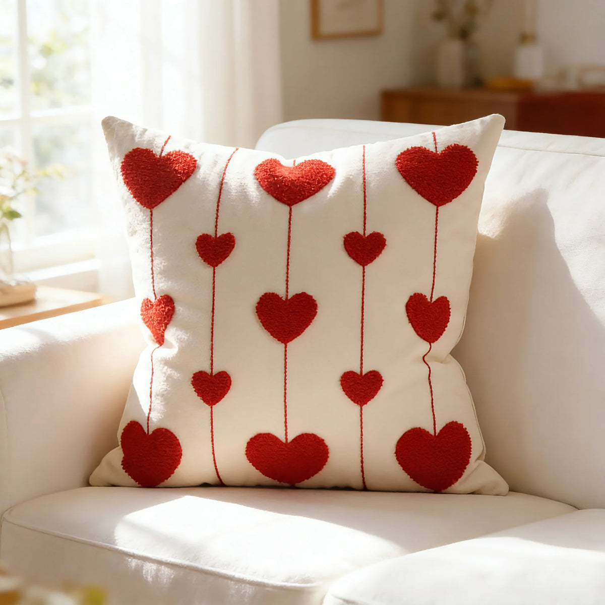 Throw Pillow Cover Tufted Chenille Hearts Cotton-Linen Hidden Zipper